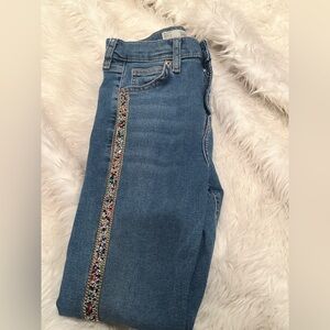 Topshop Jamie Skinny Jeans – Blue Denim w/ Rainbow Sequin Side Stripe